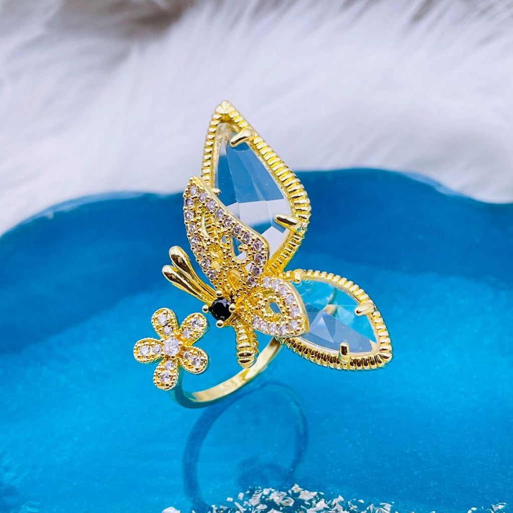 Butterfly Flower CZ Crystal 18K Gold Copper Free Size Ring Bulk
