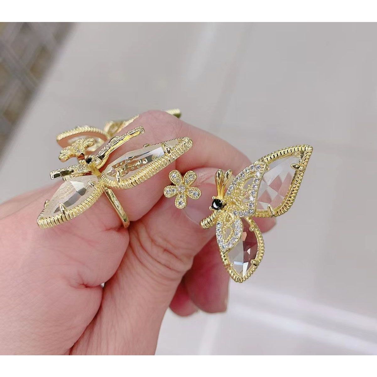Butterfly Flower CZ Crystal 18K Gold Copper Free Size Ring Bulk