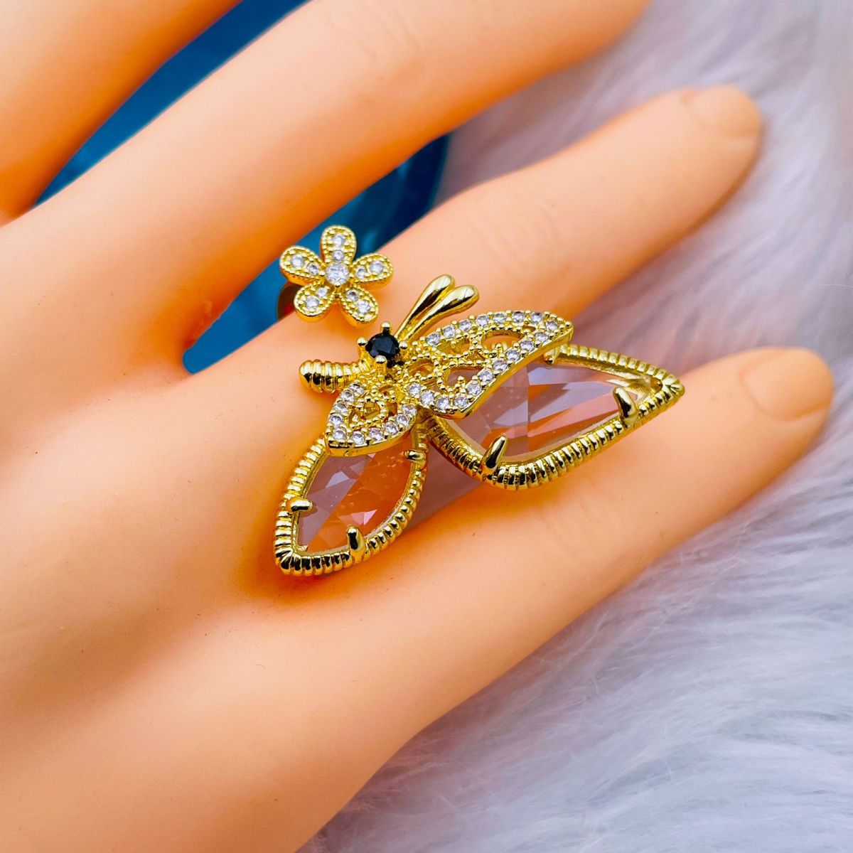 Butterfly Flower CZ Crystal 18K Gold Copper Free Size Ring Bulk