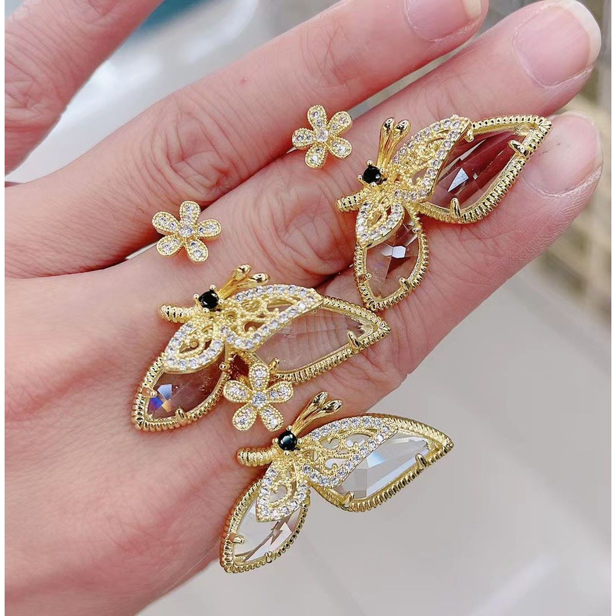 Butterfly Flower CZ Crystal 18K Gold Copper Free Size Ring Bulk