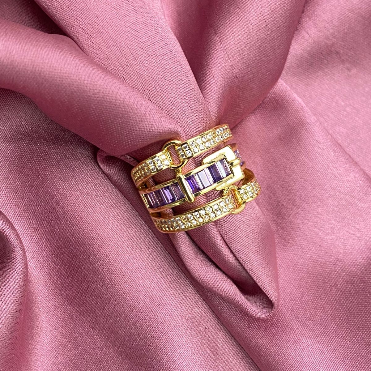 Belt Buckle Cubic Zirconia 18K Gold Copper Open Back Ring Women Bulk