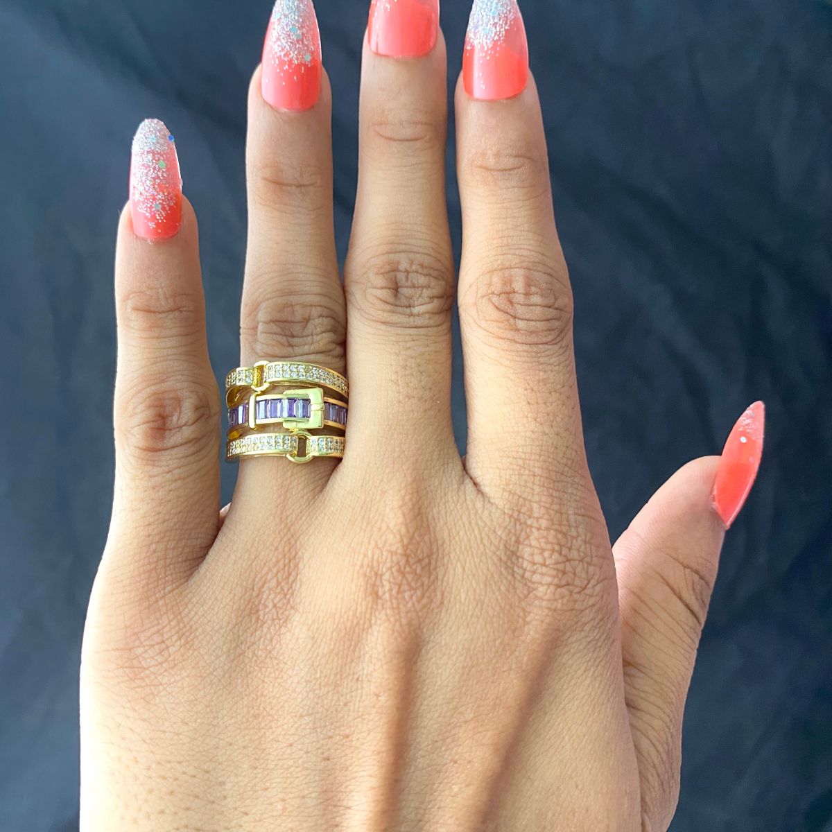 Belt Buckle Cubic Zirconia 18K Gold Copper Open Back Ring Women Bulk