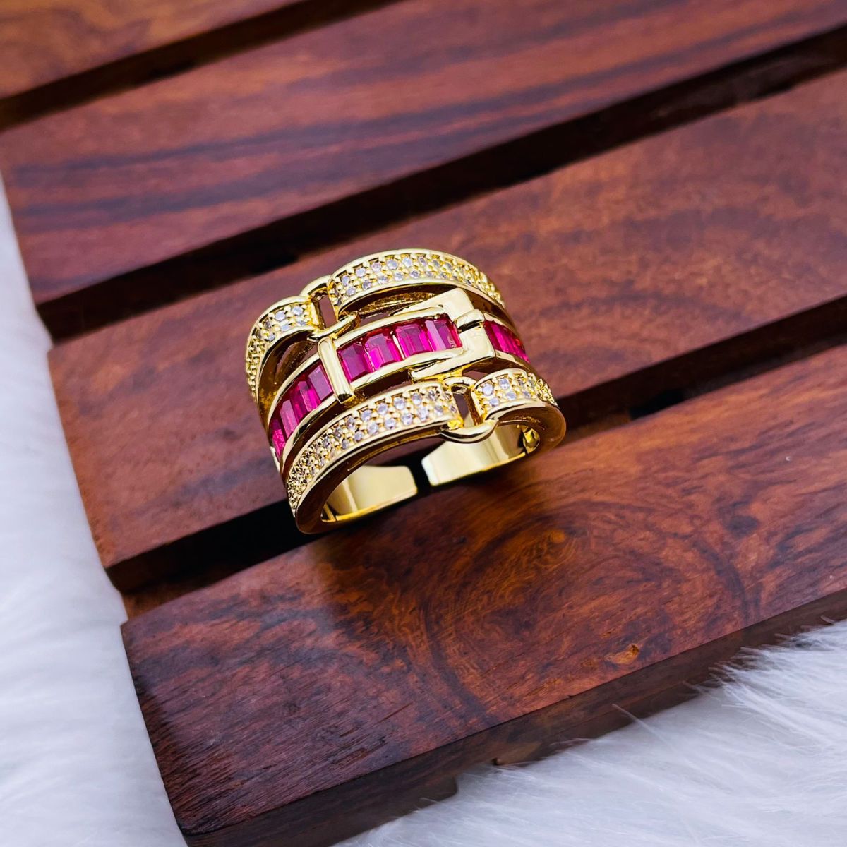 Belt Buckle Cubic Zirconia 18K Gold Copper Open Back Ring Women Bulk