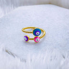 Purple Pink Evil Eye Enamel 18K Gold Copper Adjustable Ring Women Bulk