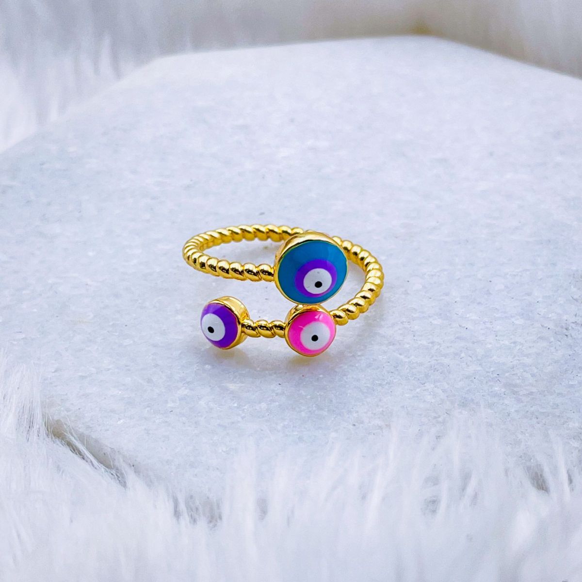 Purple Pink Evil Eye Enamel 18K Gold Copper Adjustable Ring Women Bulk