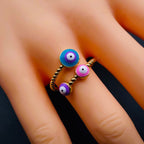 Purple Pink Evil Eye Enamel 18K Gold Copper Adjustable Ring Women Bulk