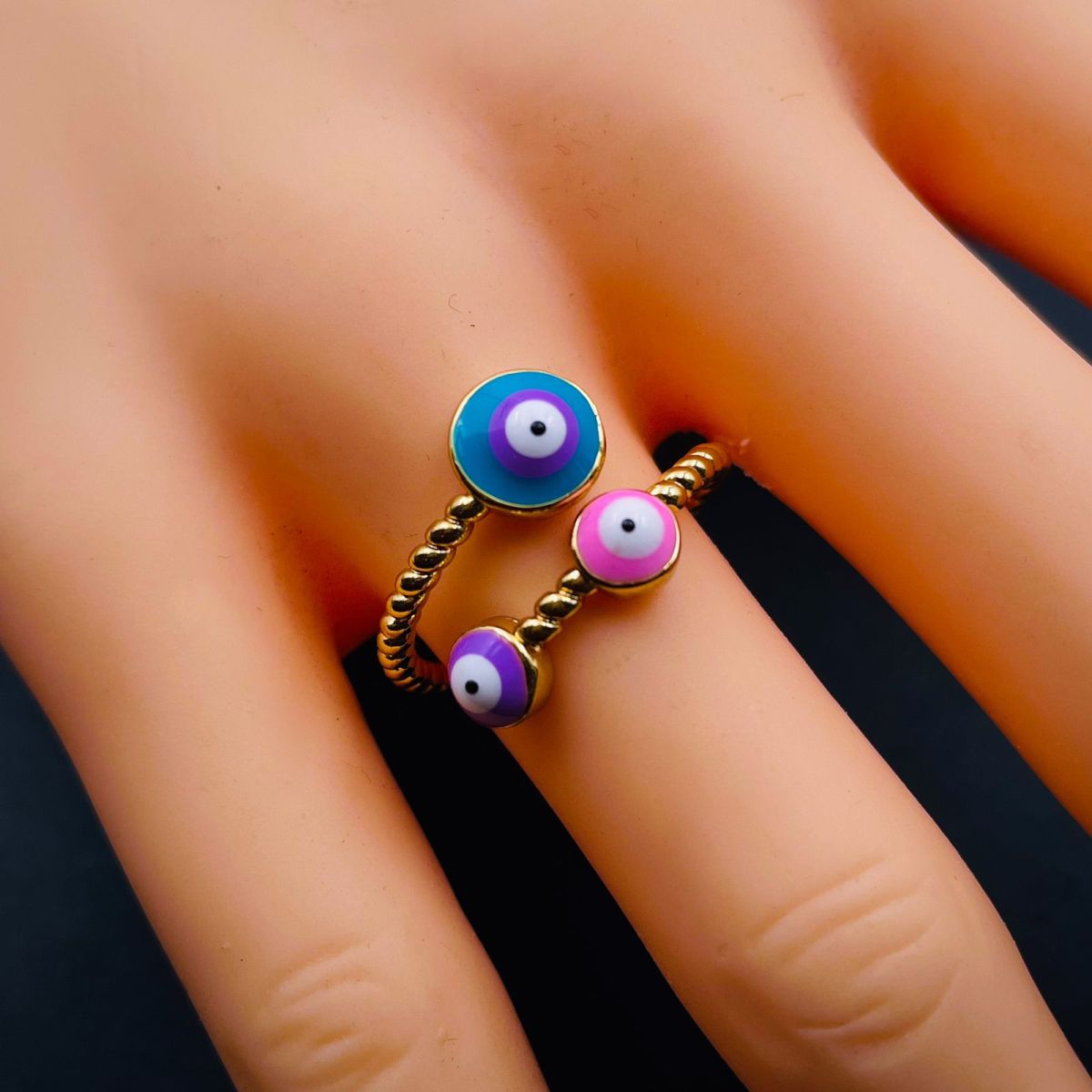 Purple Pink Evil Eye Enamel 18K Gold Copper Adjustable Ring Women Bulk