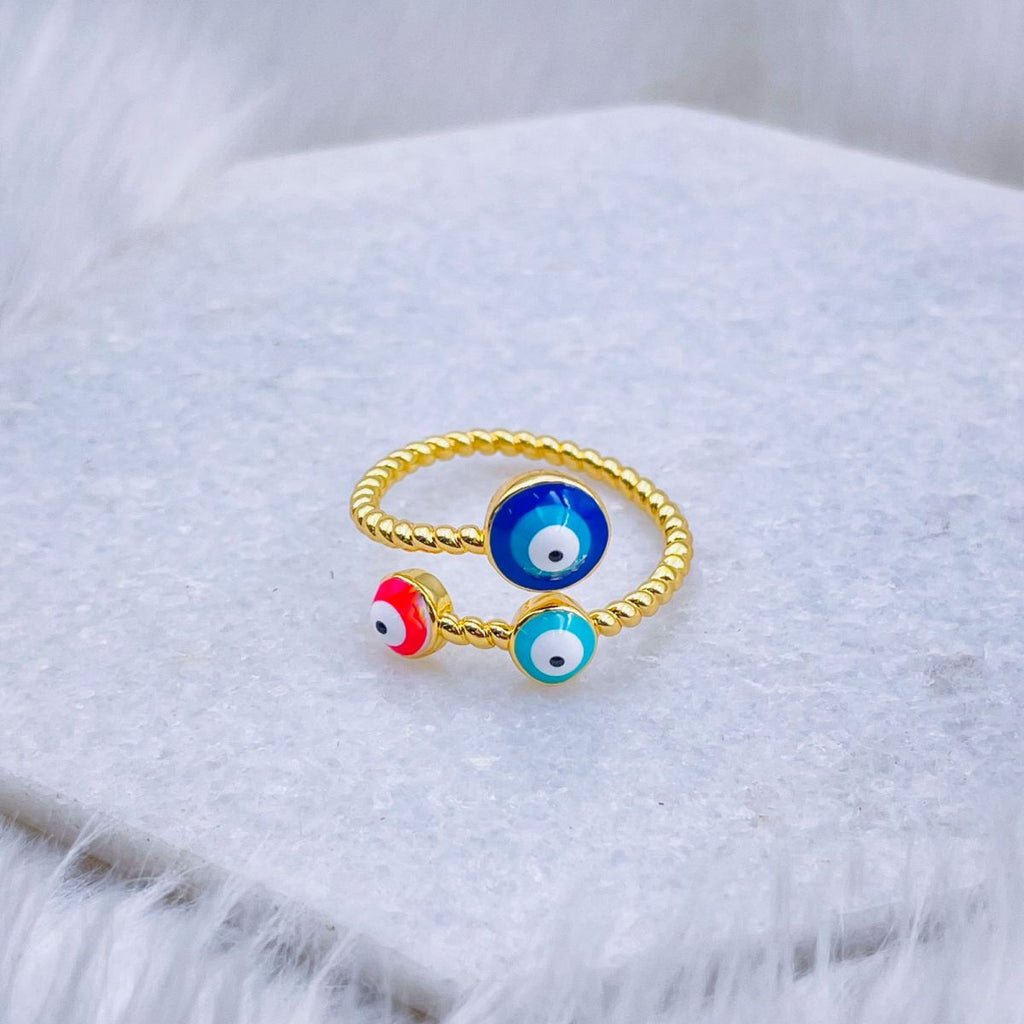 Purple Pink Evil Eye Enamel 18K Gold Copper Adjustable Ring Women Bulk