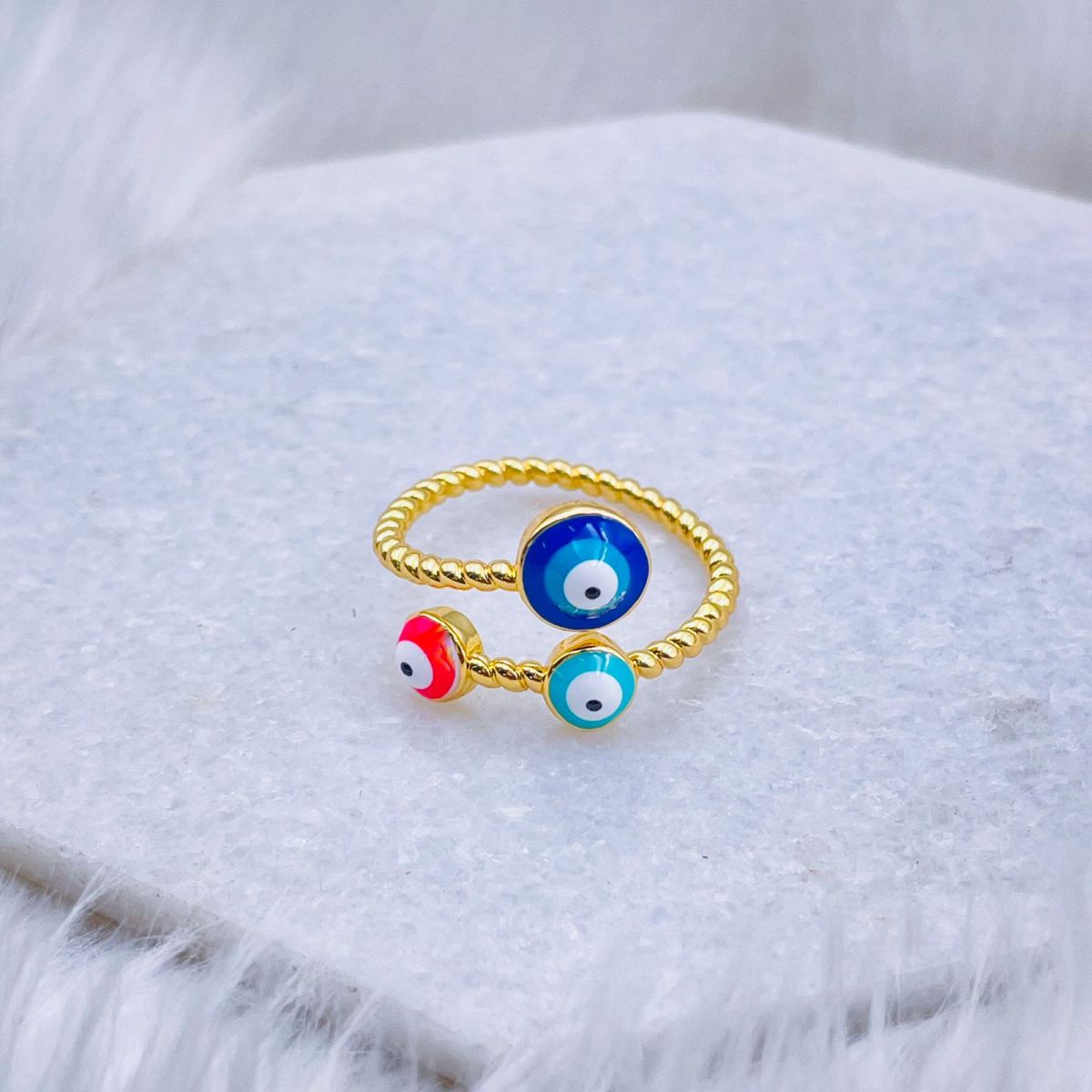 Purple Pink Evil Eye Enamel 18K Gold Copper Adjustable Ring Women Bulk