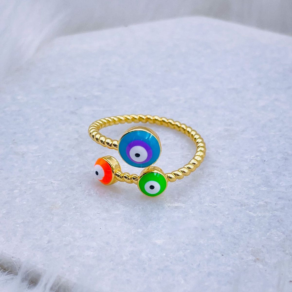 Purple Pink Evil Eye Enamel 18K Gold Copper Adjustable Ring Women Bulk