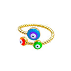 Purple Pink Evil Eye Enamel 18K Gold Copper Adjustable Ring Women Bulk
