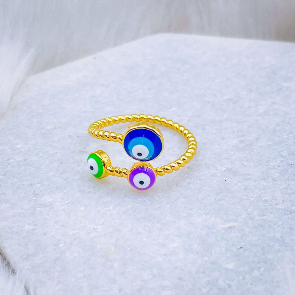 Purple Pink Evil Eye Enamel 18K Gold Copper Adjustable Ring Women Bulk