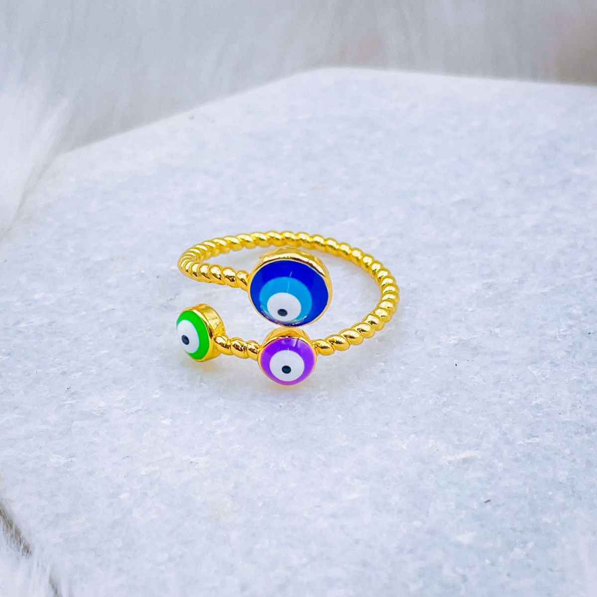 Purple Pink Evil Eye Enamel 18K Gold Copper Adjustable Ring Women Bulk