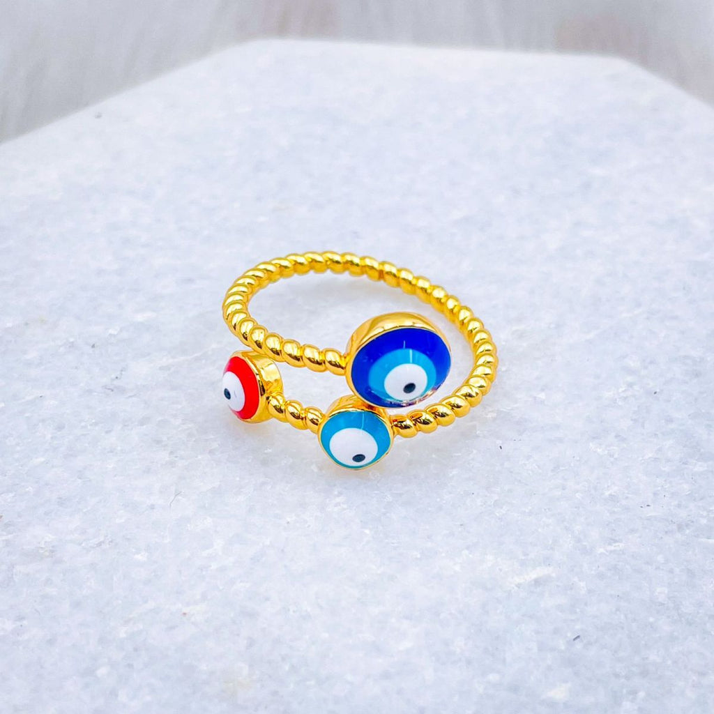 Purple Pink Evil Eye Enamel 18K Gold Copper Adjustable Ring Women Bulk