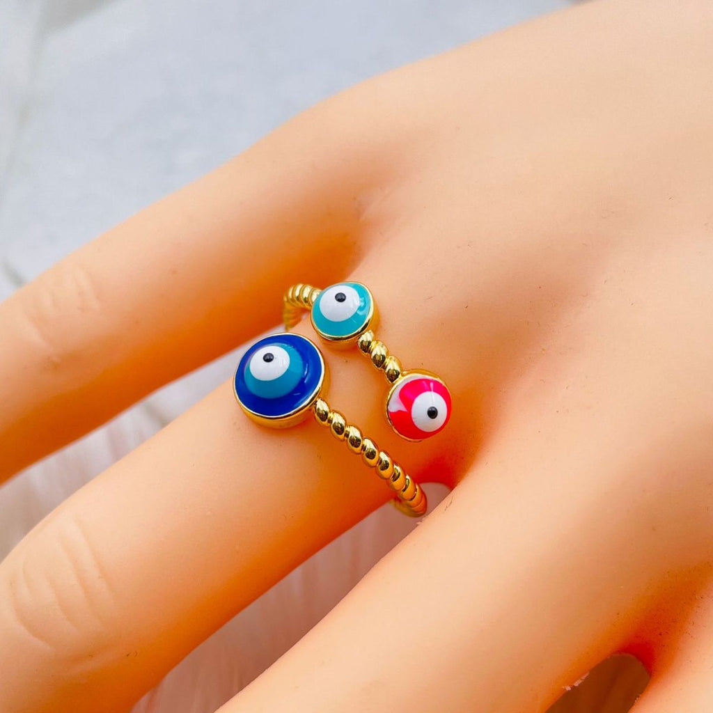 Purple Pink Evil Eye Enamel 18K Gold Copper Adjustable Ring Women Bulk