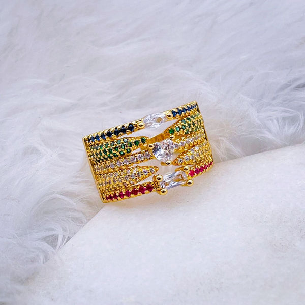 Rainbow Multi Color Fancy Cubic Zirconia Heart 18K Gold Ring Bulk Main image