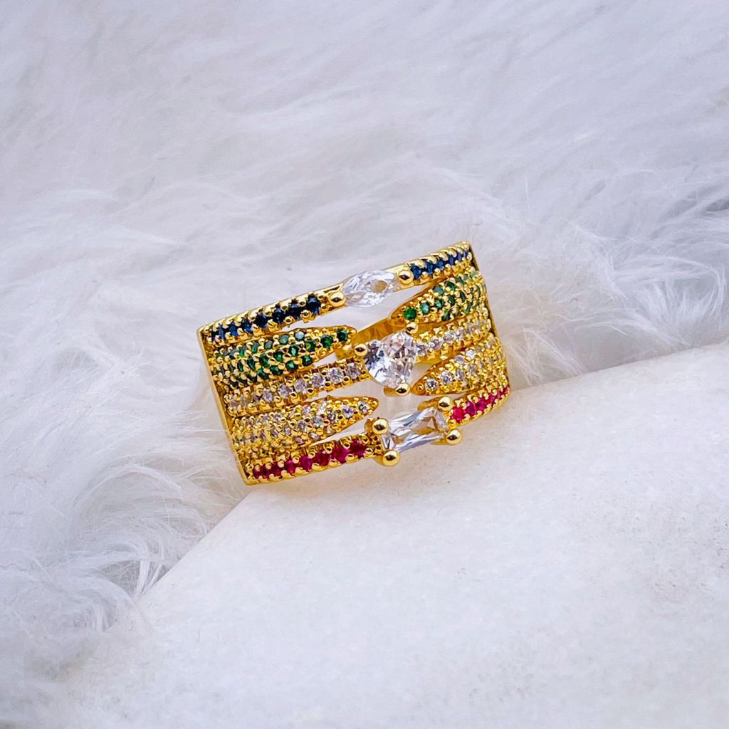 Rainbow Multi Color Fancy Cubic Zirconia Heart 18K Gold Ring Bulk