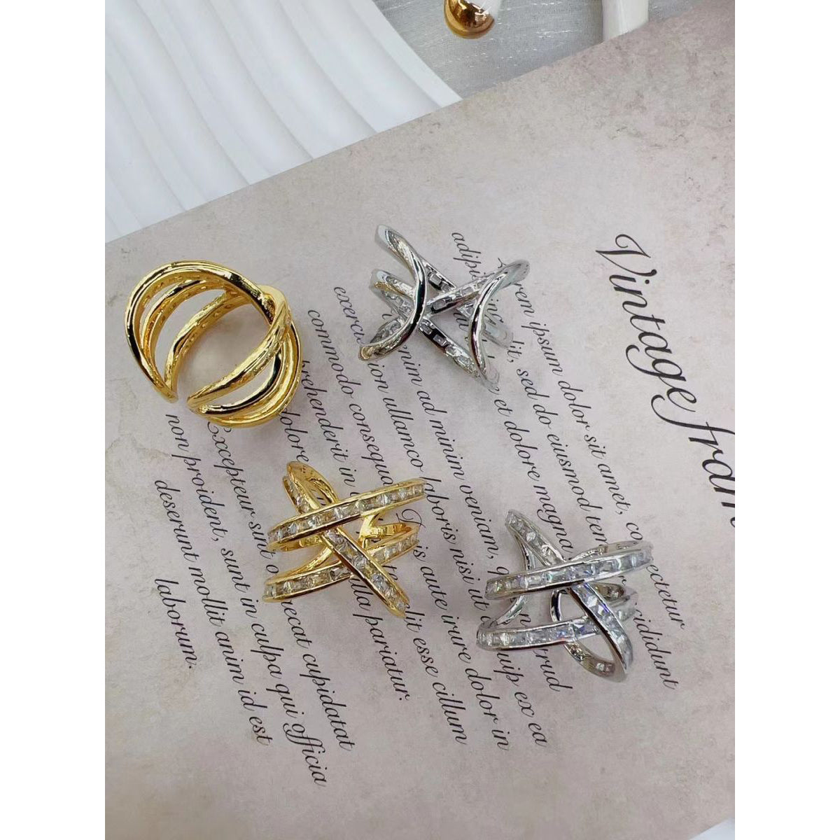 Dual Criss Cross Cubic Zirconia 18K Gold Copper Open Back Ring Bulk Main image