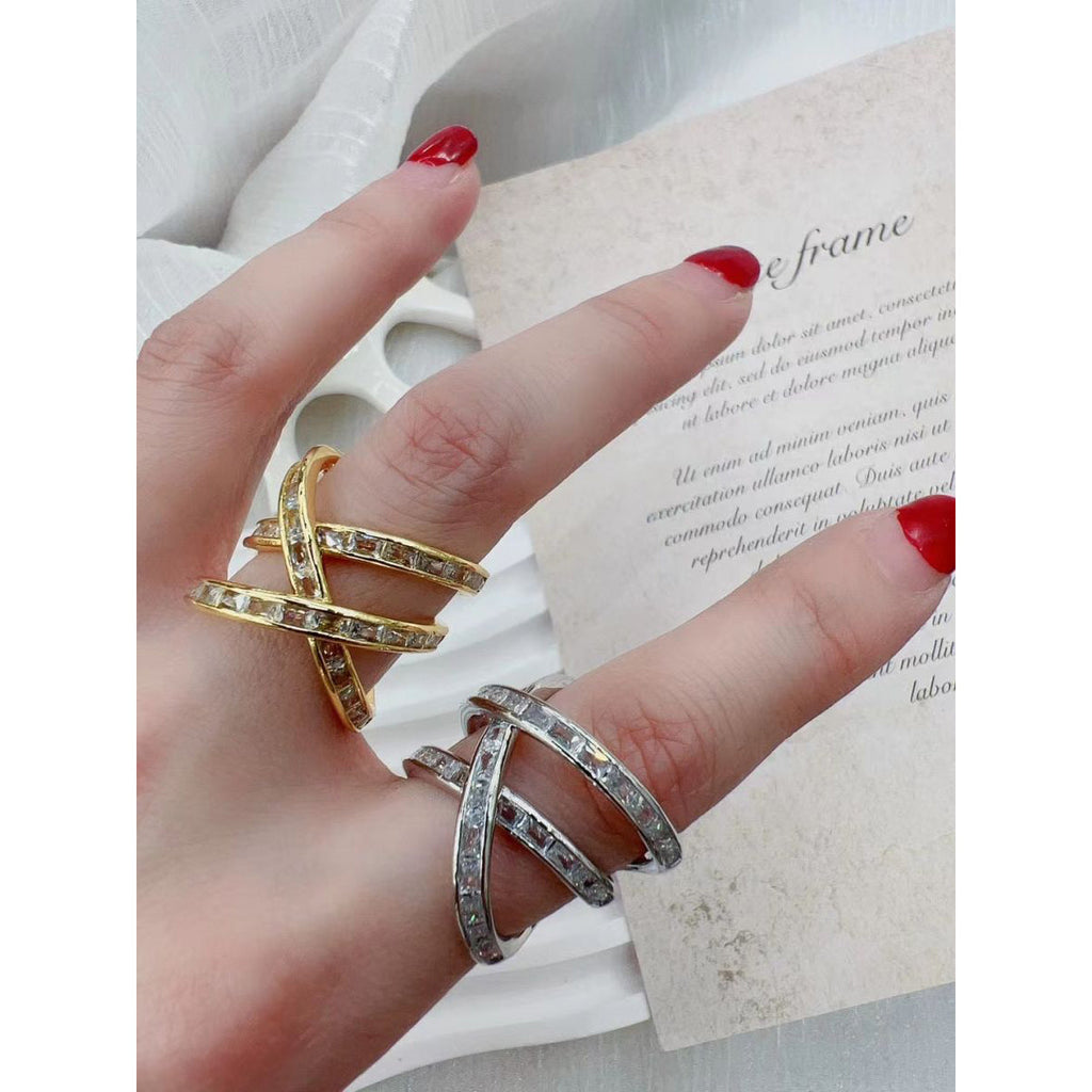 Dual Criss Cross Cubic Zirconia 18K Gold Copper Open Back Ring Bulk