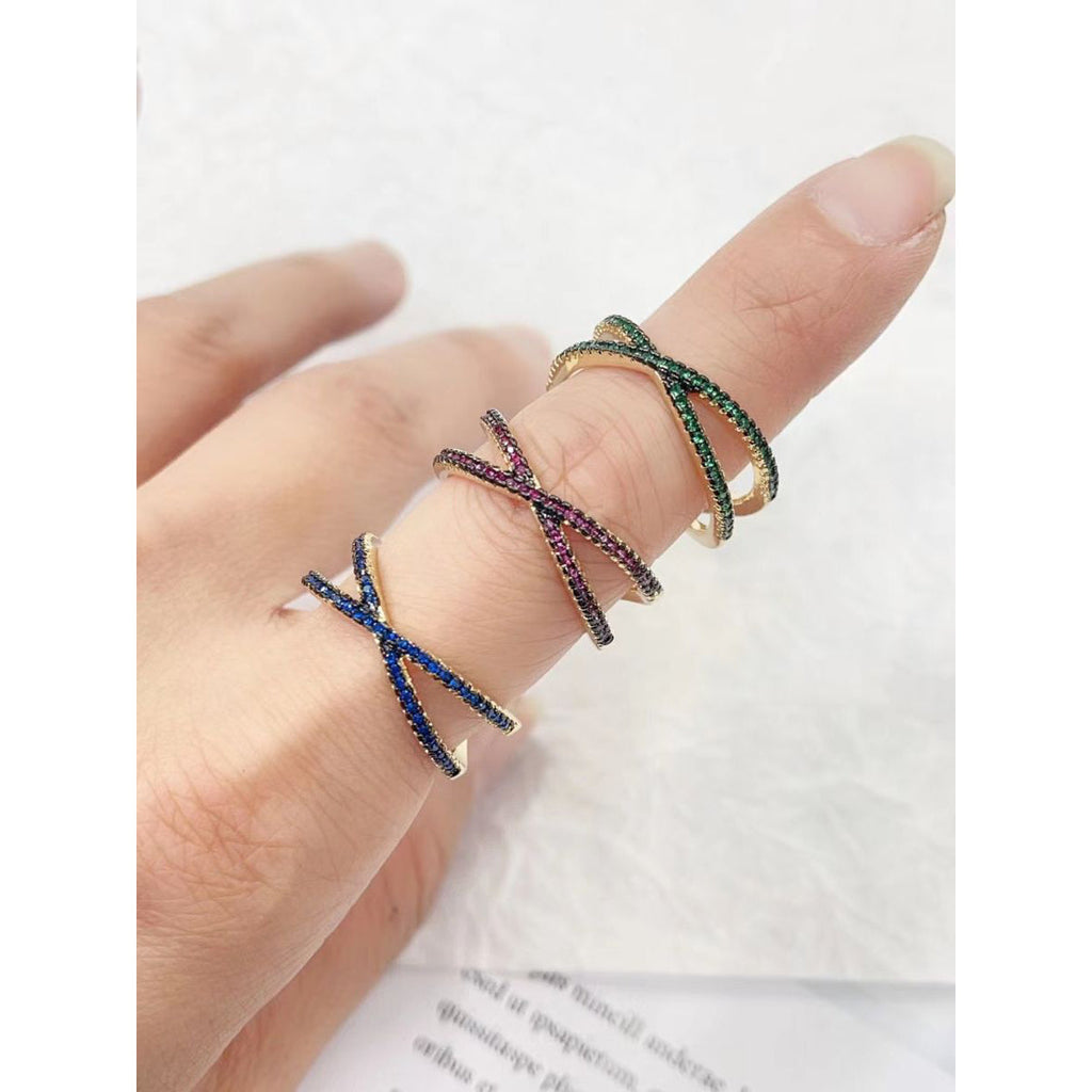 Criss Cross Over Blue Zircon 18K Gold Copper Free Size Ring Women Bulk