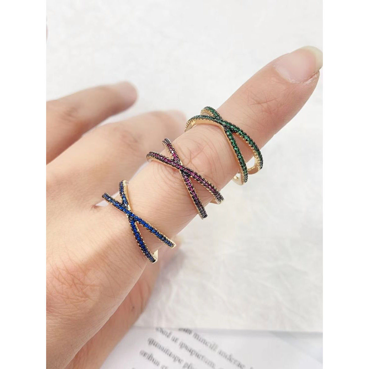 Criss Cross Over Blue Zircon 18K Gold Copper Free Size Ring Women Bulk