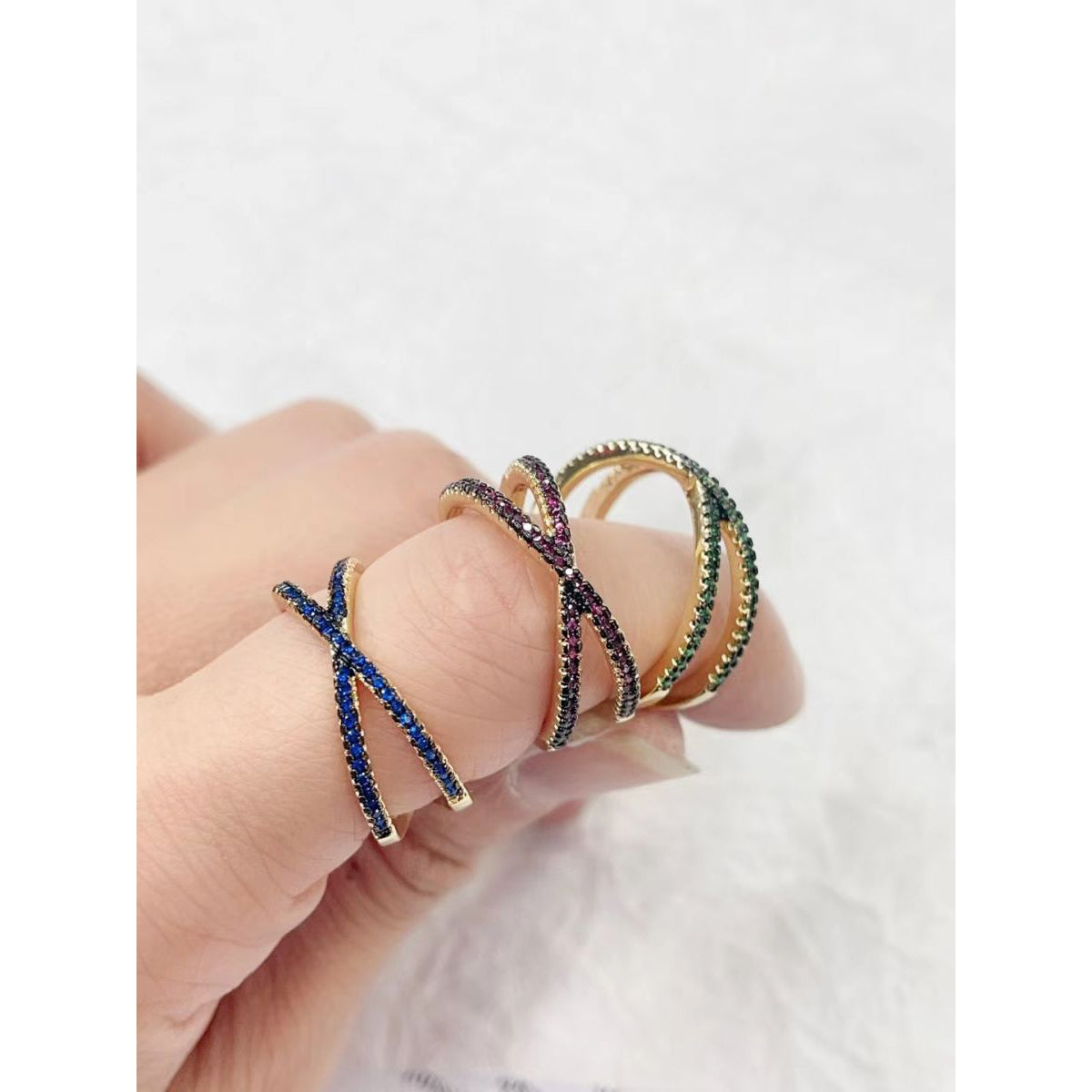 Criss Cross Over Blue Zircon 18K Gold Copper Free Size Ring Women Bulk