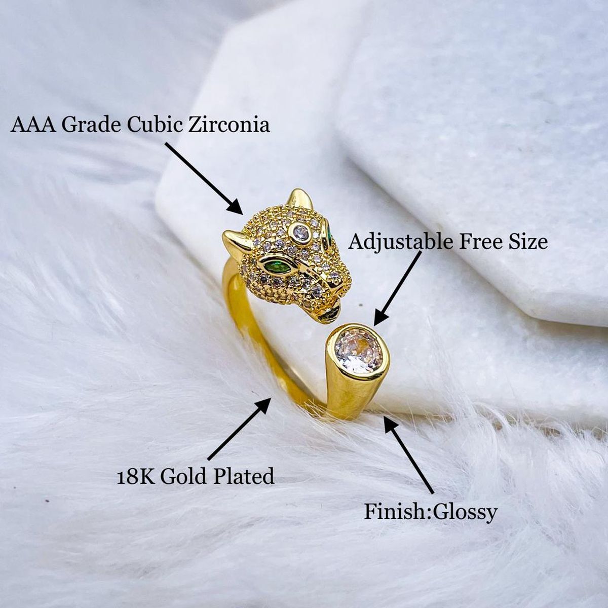 Panther Leopard Cubic Zirconia 18K Gold Free Size Ring For Women Bulk