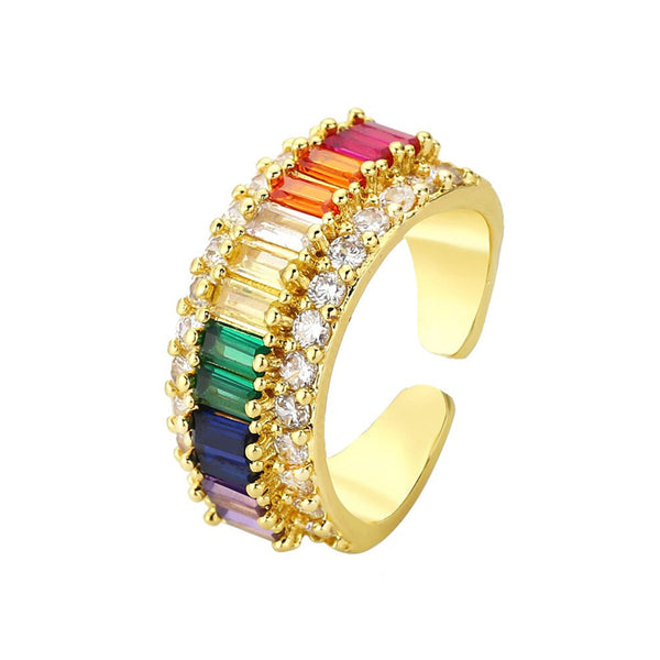 Rainbow Baguette Cubic Zirconia 18K Gold Open Back Ring for Women Main image