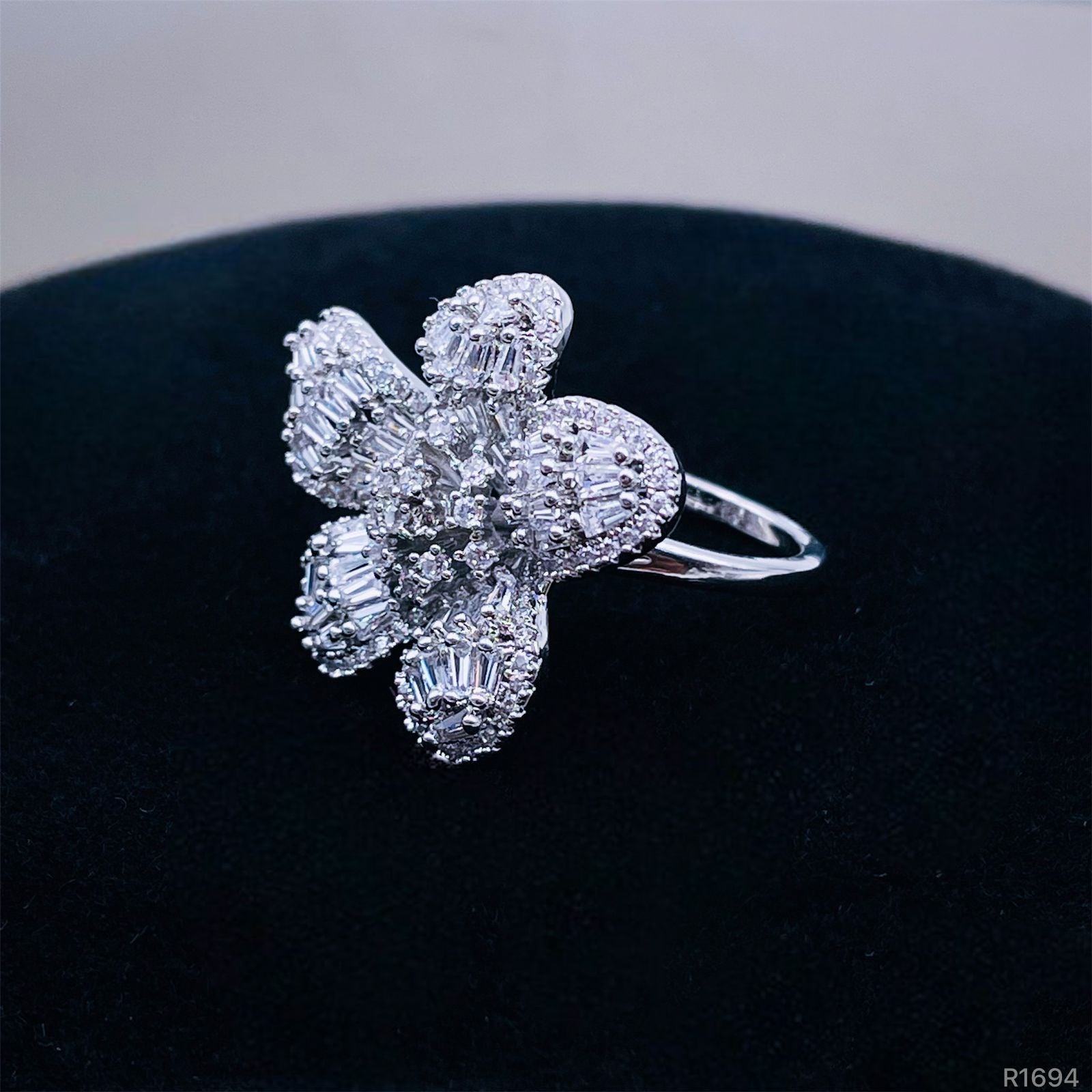 Rafflesia Baguette Flower Cubic Zirconia Silver Free Size Ring Bulk Main image