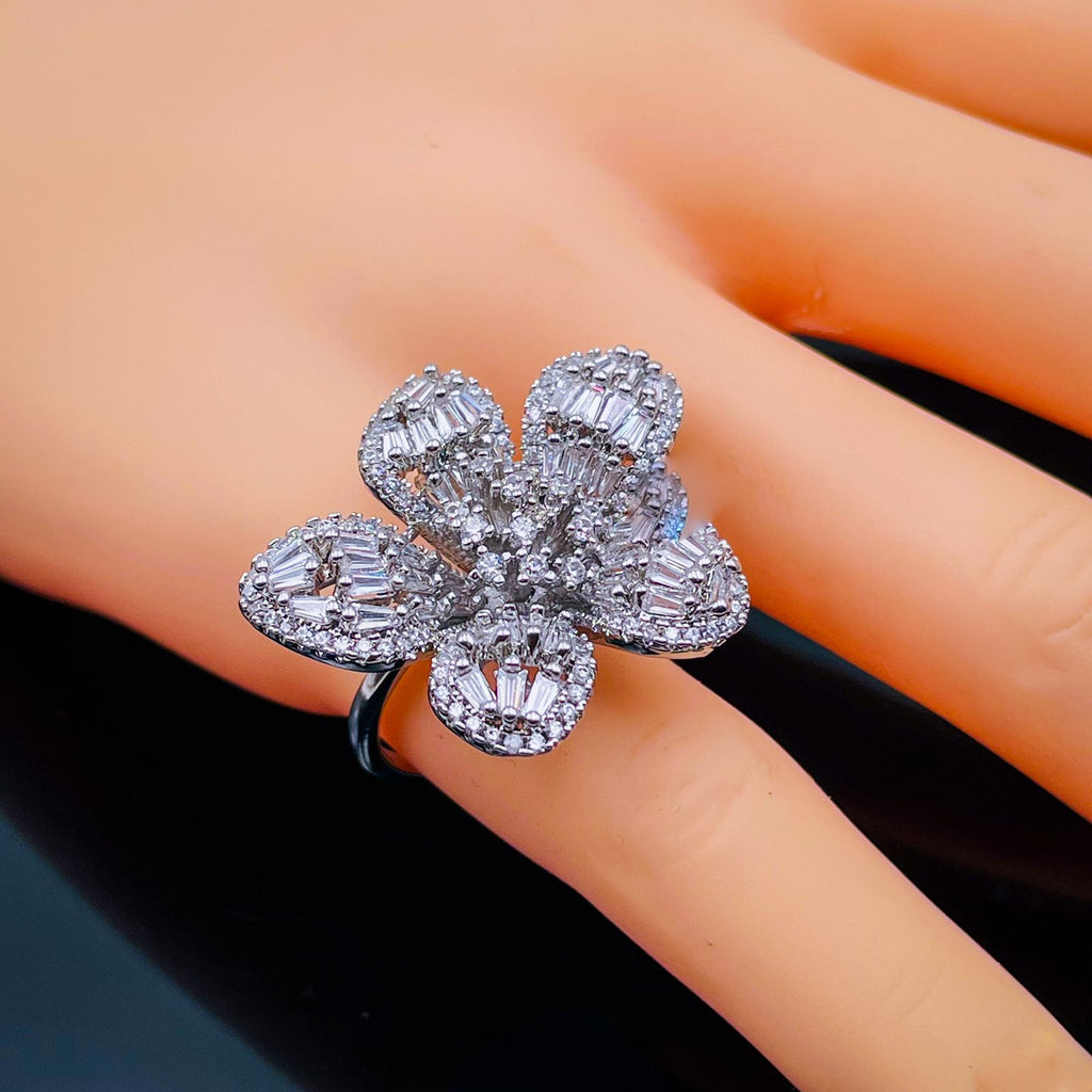 Rafflesia Baguette Flower Cubic Zirconia Silver Free Size Ring Bulk