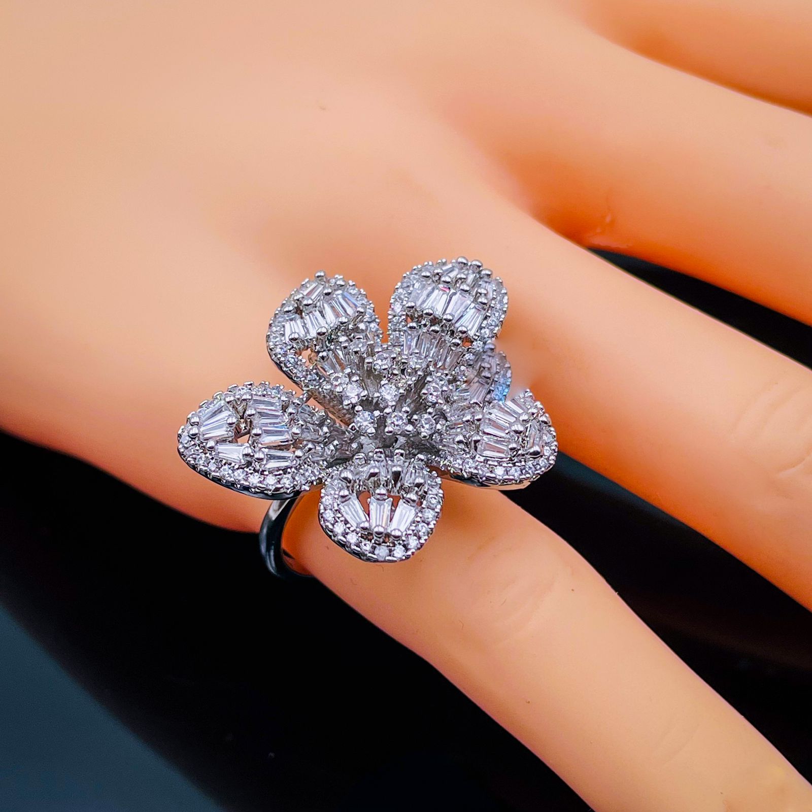 Rafflesia Baguette Flower Cubic Zirconia Silver Free Size Ring Bulk