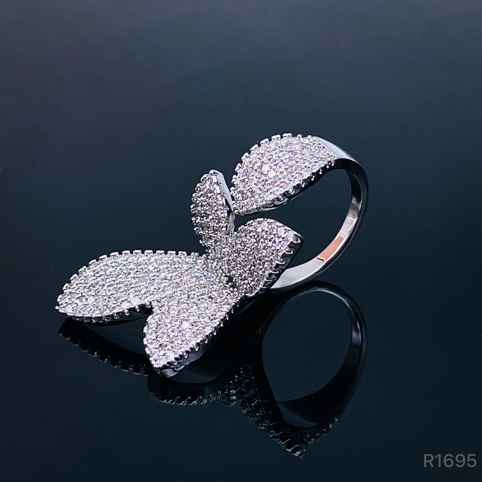 Butterfly Flower Cubic Zirconia Silver Free Size Ring For Women Bulk Main image