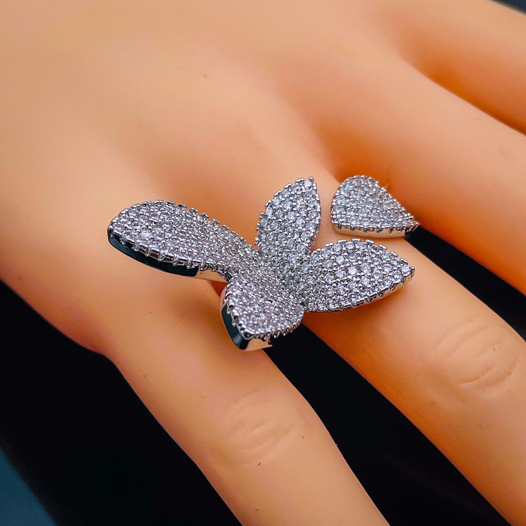Butterfly Flower Cubic Zirconia Silver Free Size Ring For Women Bulk