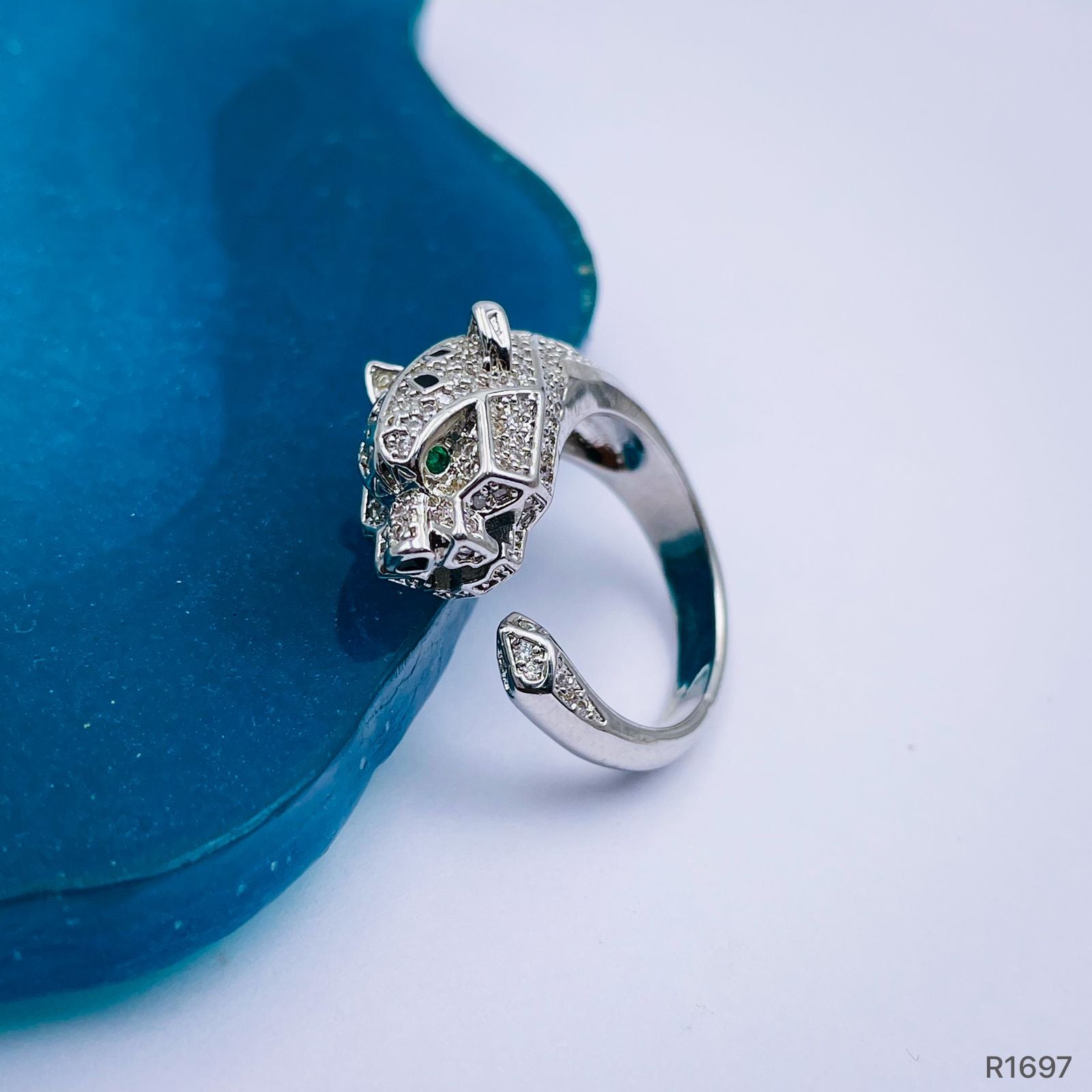 Panther Leopard Cubic Zirconia Green Eye Silver Free Size Ring Bulk Main image