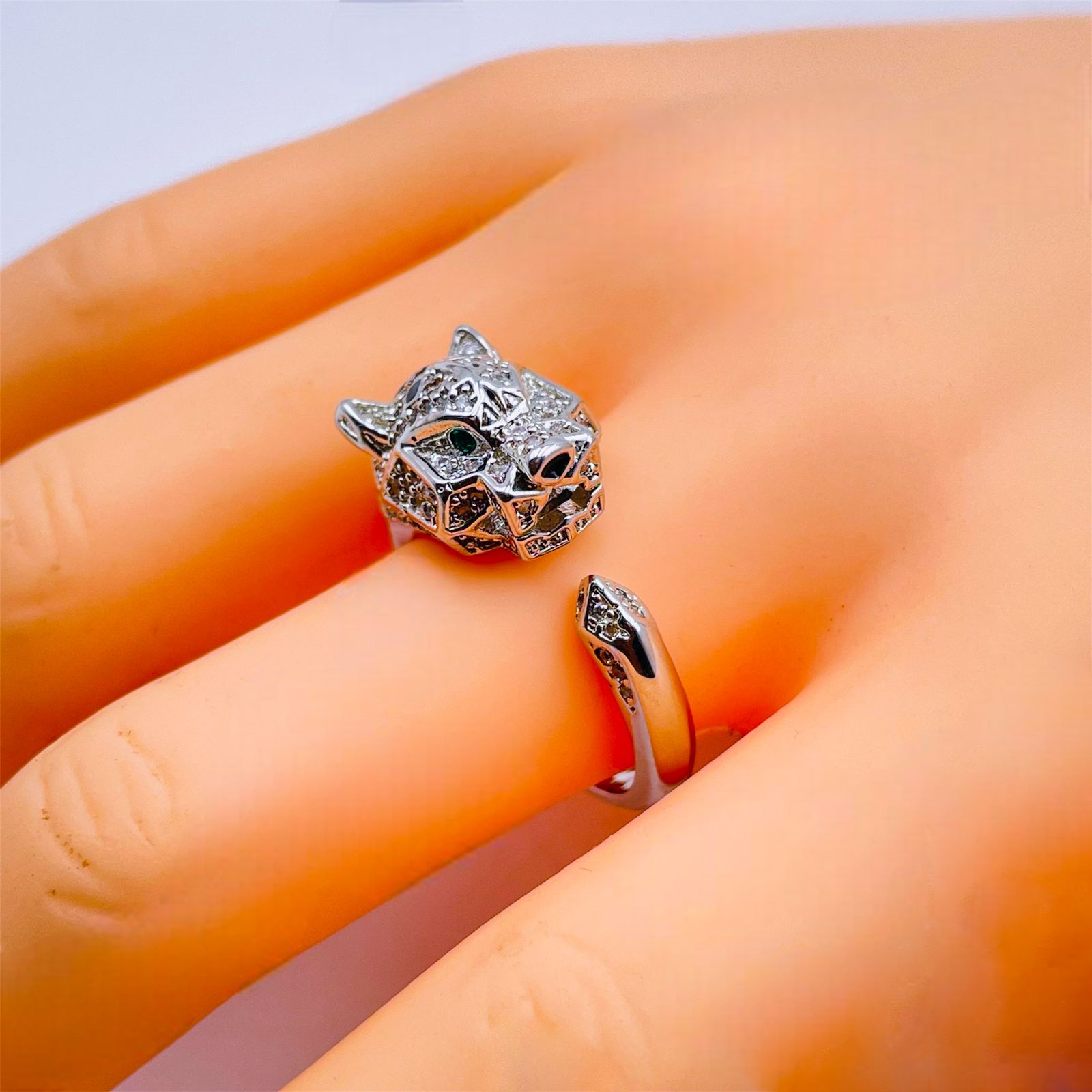 Panther Leopard Cubic Zirconia Green Eye Silver Free Size Ring Bulk