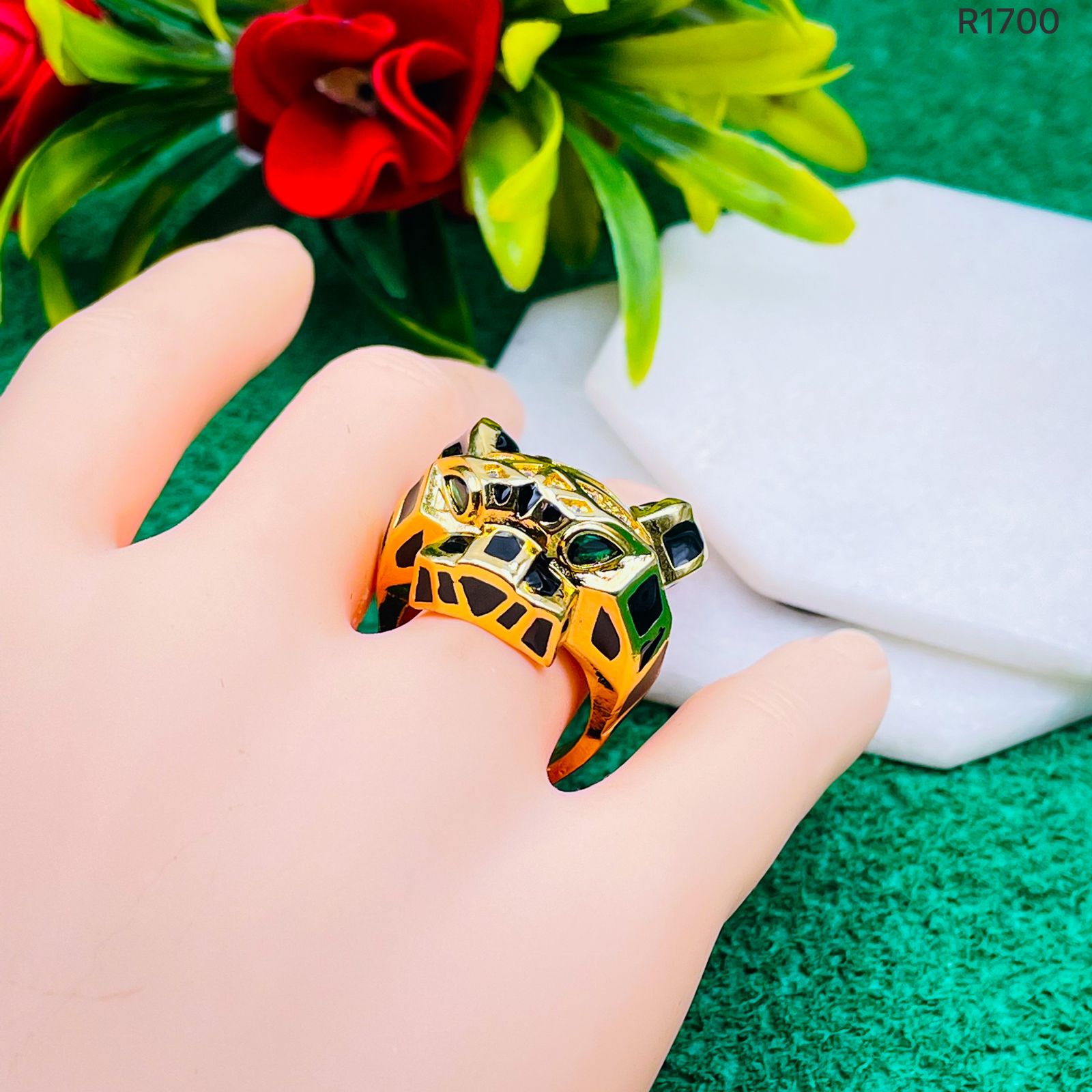 Black Enamel Tiger Panther 18K Gold Anti Tarnish Open Back Ring Bulk