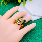 Black Enamel Tiger Panther 18K Gold Anti Tarnish Open Back Ring Bulk