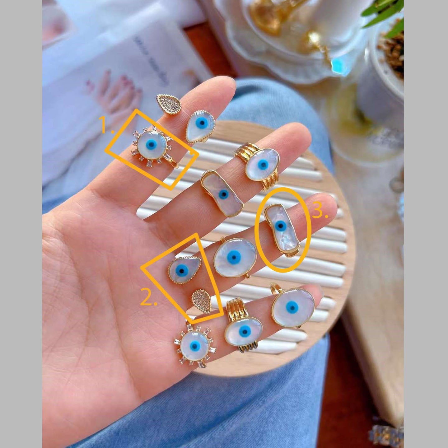 Uneven Rectangle Evil Eye Mother Of Pearl Gold Band Ring Bulk