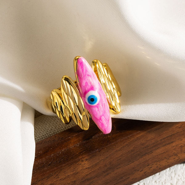 Pink Enamel Evil Eye 5 Beaten Gold Layers Anti Tarnish Ring Bulk Main image
