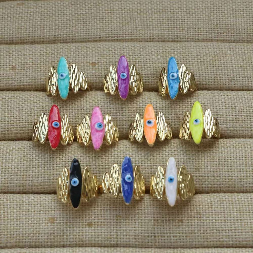Pink Enamel Evil Eye 5 Beaten Gold Layers Anti Tarnish Ring Bulk