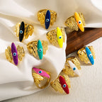 Pink Enamel Evil Eye 5 Beaten Gold Layers Anti Tarnish Ring Bulk