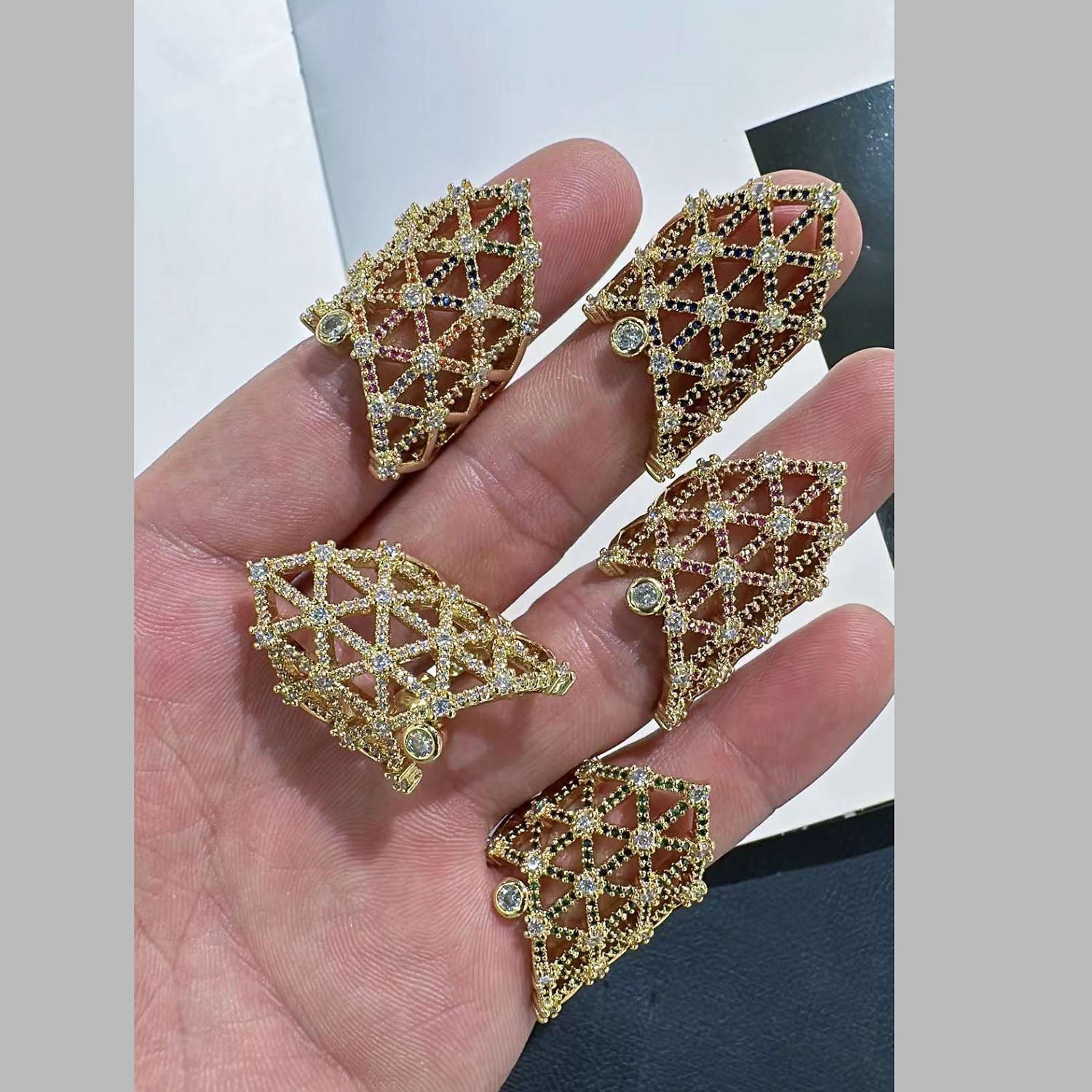 Criss Cross Mesh Multi Color CZ Gold Anti Tarnish Free Size Ring Bulk Main image