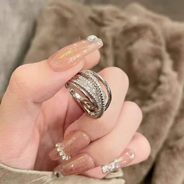 Cross Over Layered CZ Silver Anti Tarnish Adjustable Ring Bulk Main image