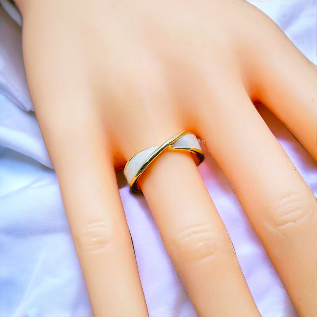 White Enamel Ribbon Cross Over Gold Anti Tarnish Open Back Ring Bulk