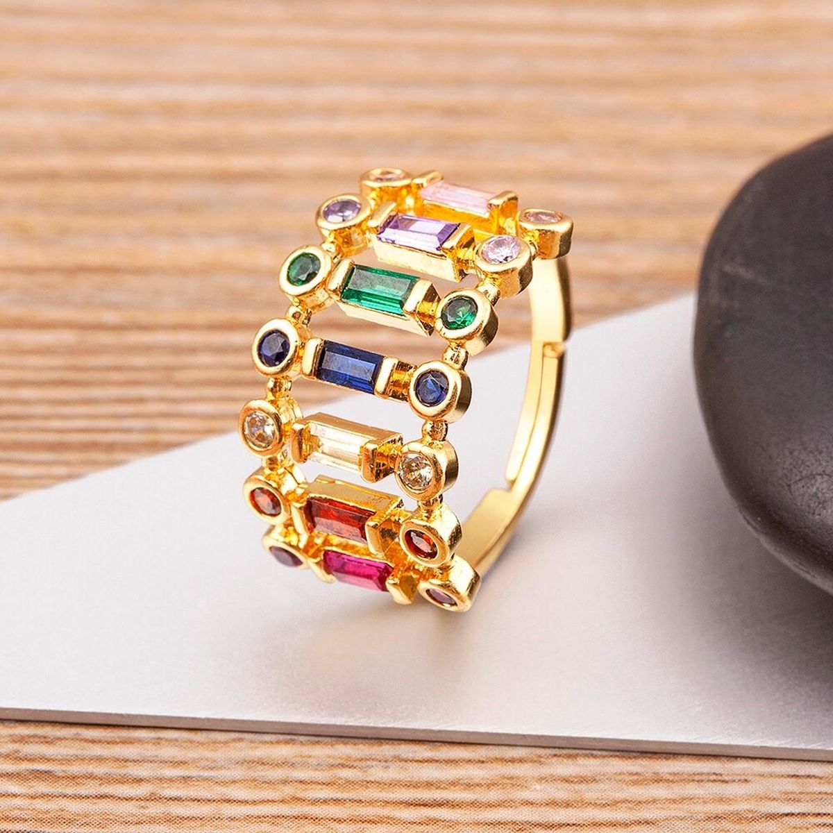 Twin Layer Multi Rainbow Baguette Gold Anti Tarnish Ring Bulk Main image