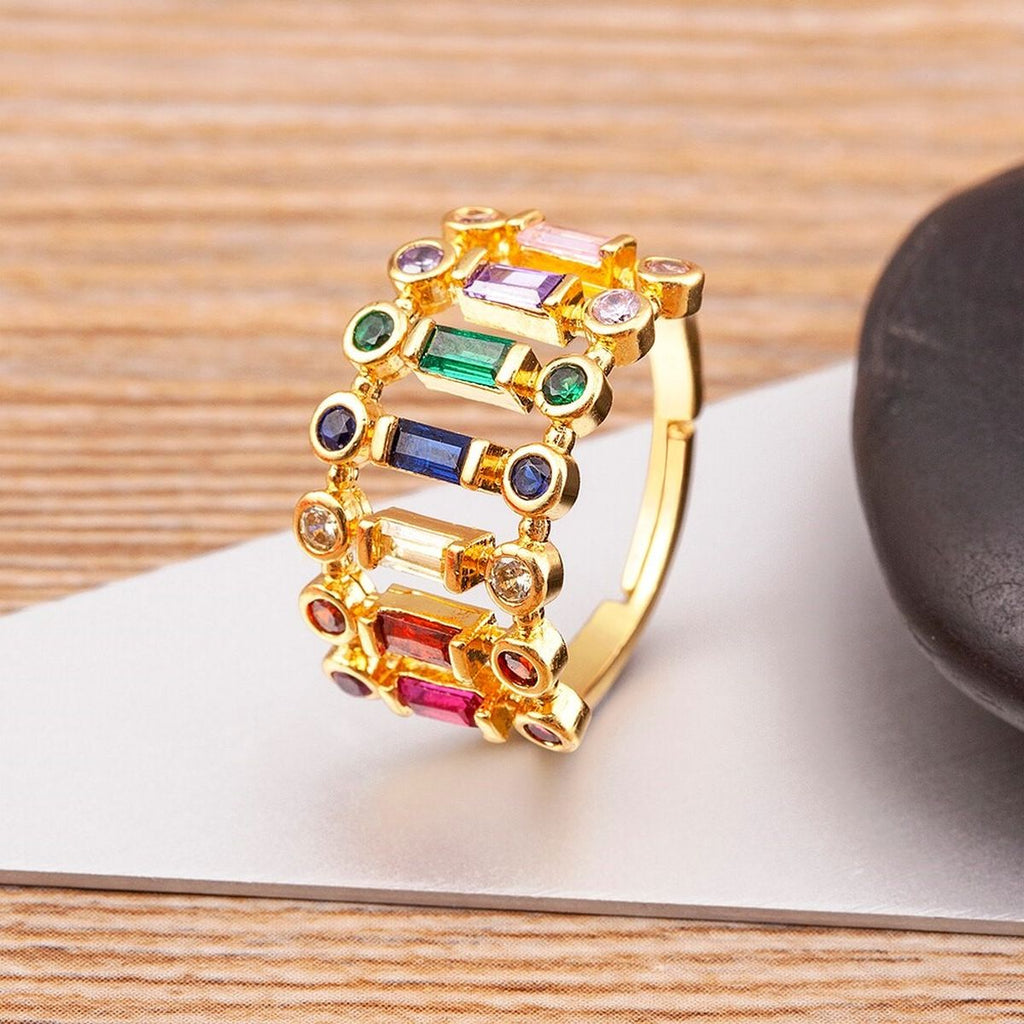 Twin Layer Multi Rainbow Baguette Gold Anti Tarnish Ring Bulk