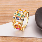 Twin Layer Multi Rainbow Baguette Gold Anti Tarnish Ring Bulk
