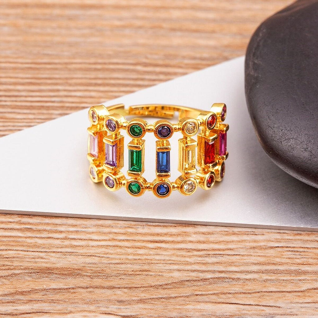 Twin Layer Multi Rainbow Baguette Gold Anti Tarnish Ring Bulk