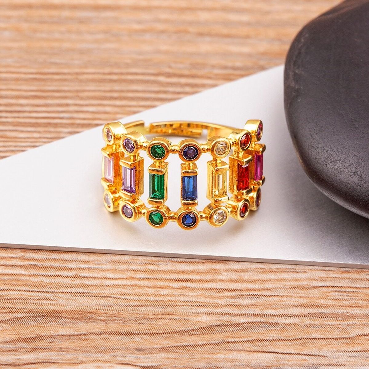 Twin Layer Multi Rainbow Baguette Gold Anti Tarnish Ring Bulk