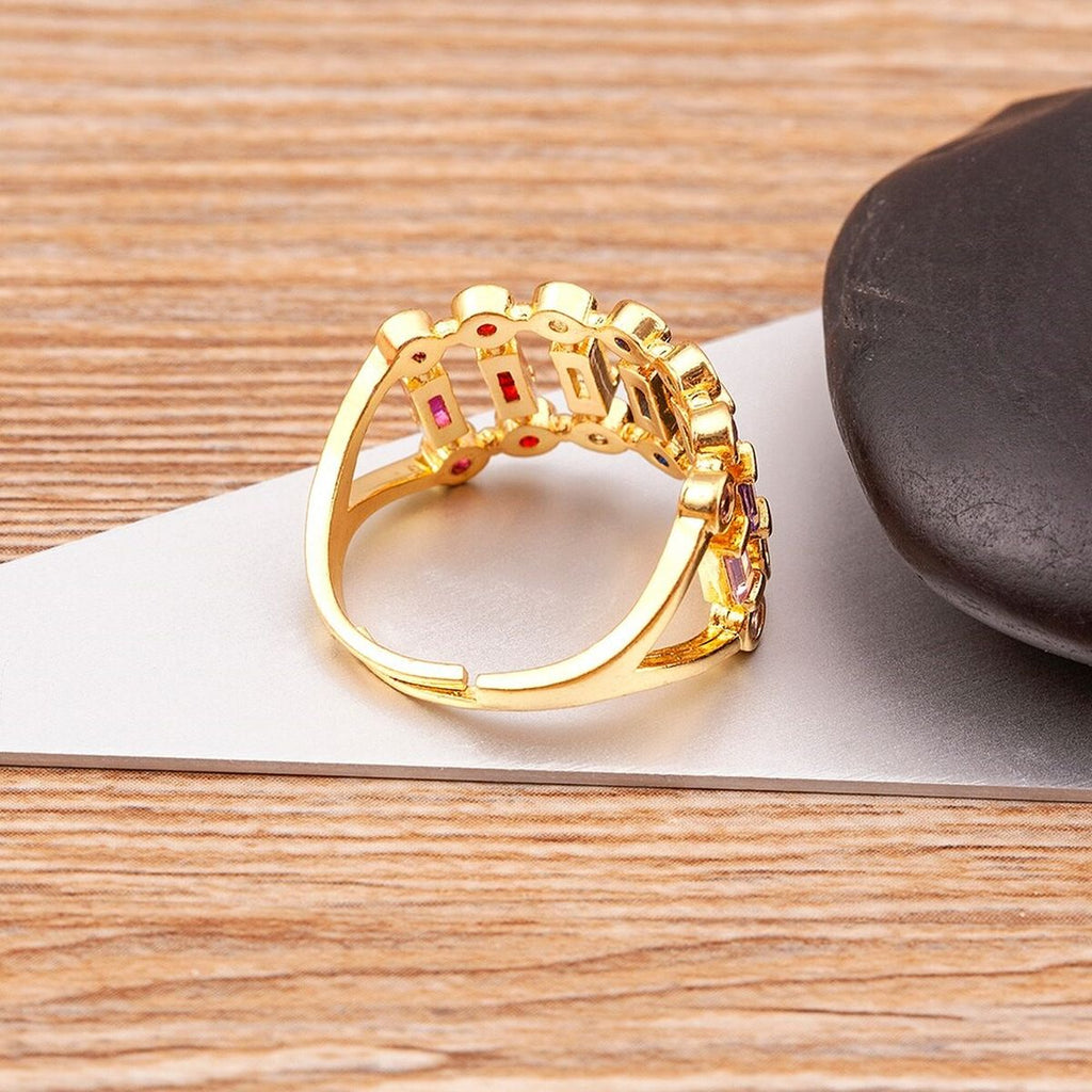 Twin Layer Multi Rainbow Baguette Gold Anti Tarnish Ring Bulk